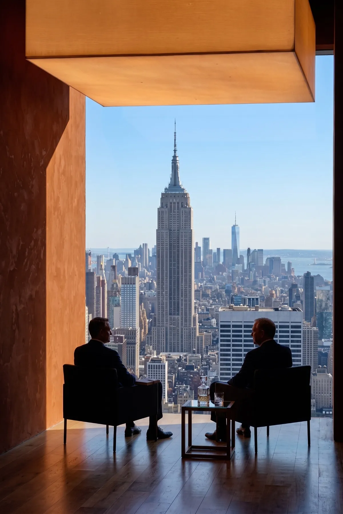 Two figures overlooking the city skyline